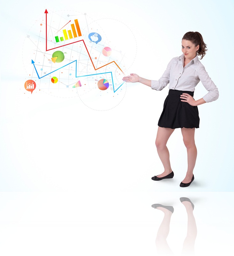 Young business woman presenting colorful charts and diagrams